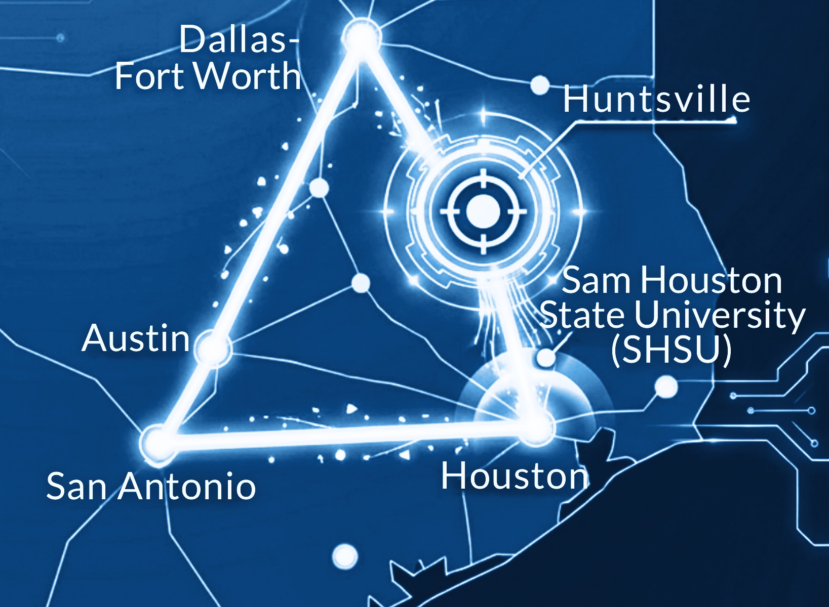 Map of the Texas Triangle centered on Huntsville and Sam Houston State University